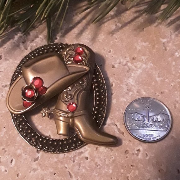 OOAK Western Antiqued Brass PIn Cowboy Boot and Hat Motif with Rhinestones - Picture 2 of 2